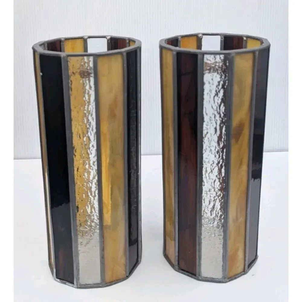 Vintage Stained Glass Tall Cylinder Swag Lamp Shades Lot of 2 Striped